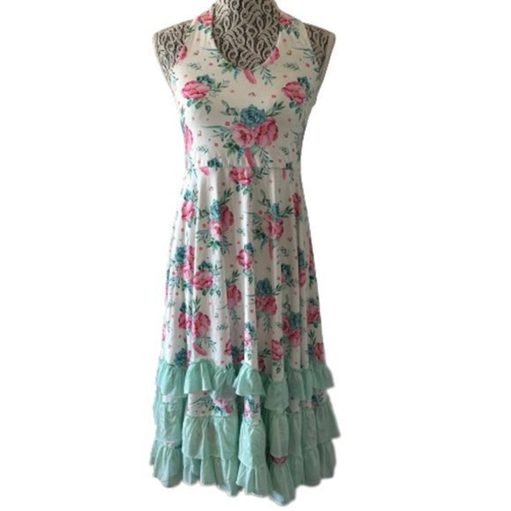 Women's Floral Ruffle Tiered Halter Tie Cottage core Teal Blue Green Pink Dress.